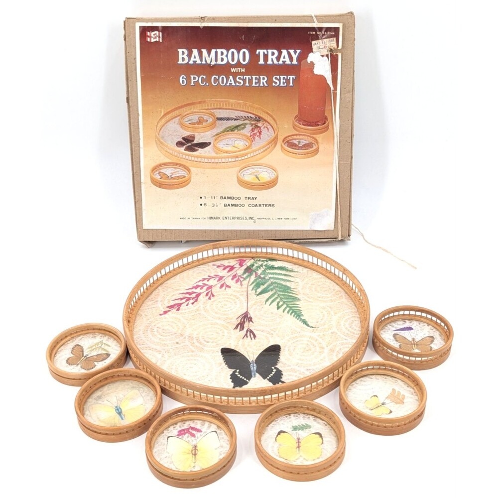 Himark Bamboo Tray Coaster Set Acrylic Pressed Butterfly Flowers 7 Pc Vintage